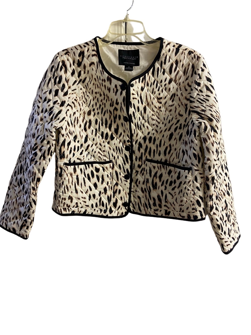 Sanctuary Leopard Print Quilted Jacket Snap Front Pocket Cream Boxy Medium NWT